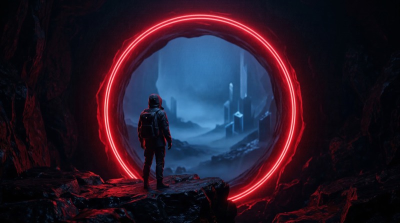 Explorer Facing Neon Portal to Futuristic City