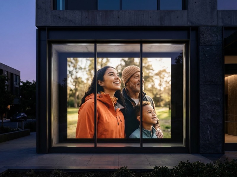 Family portrait displayed in modern storefront window