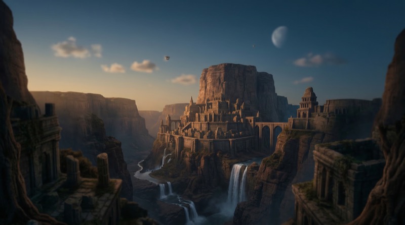 Fantasy cliffside citadel above canyon waterfalls