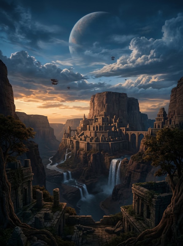Fantasy cliffside city with waterfalls at sunset