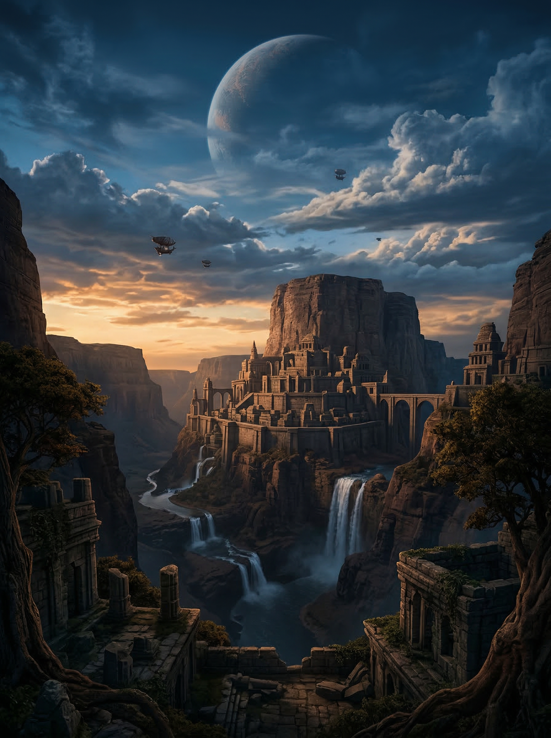 Fantasy cliffside city with waterfalls at sunset