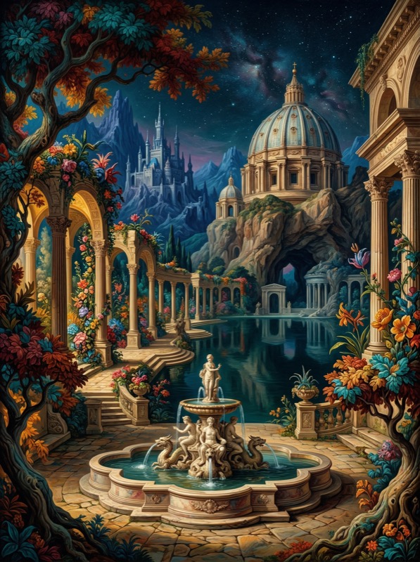Fantasy palace garden with fountain under starry sky