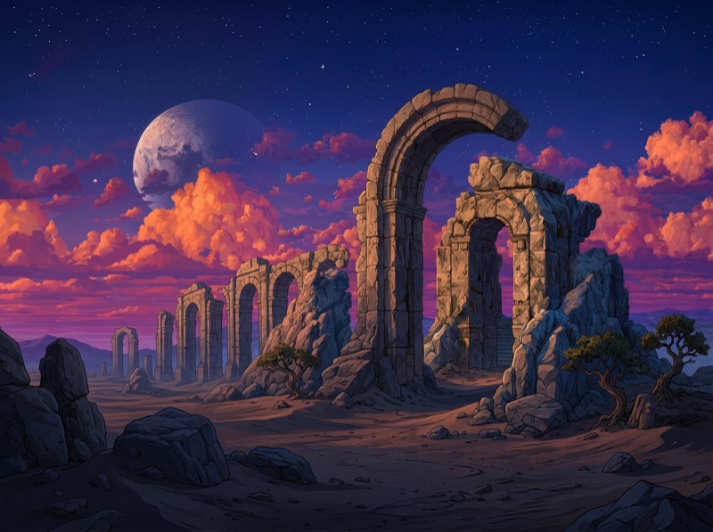 Fantasy Ruined Stone Arches at Twilight
