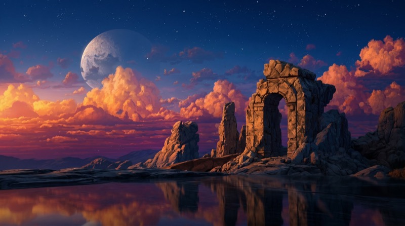 Fantasy Stone Arch at Sunset Under a Large Moon