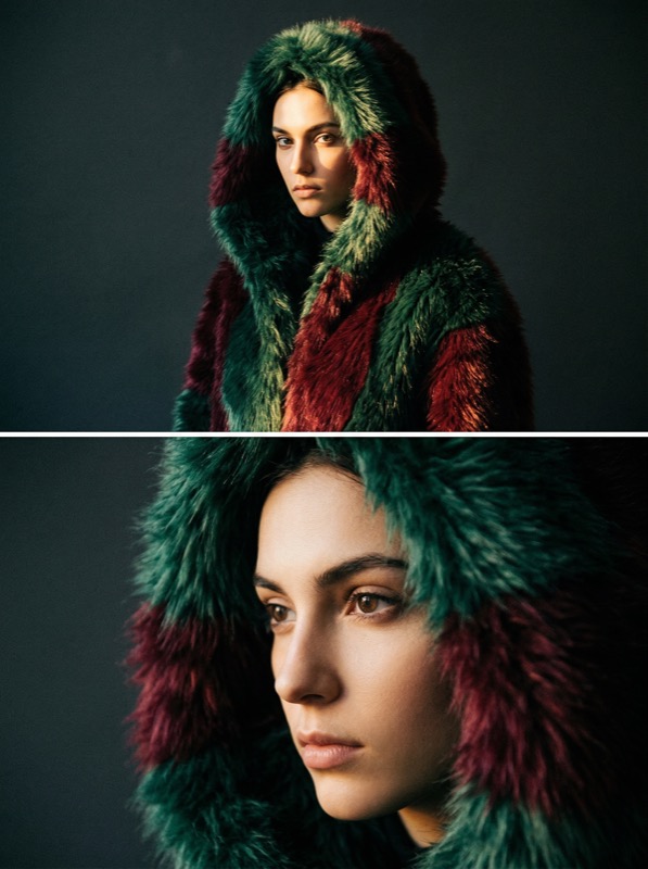 Fashion portrait in striped faux-fur hood coat