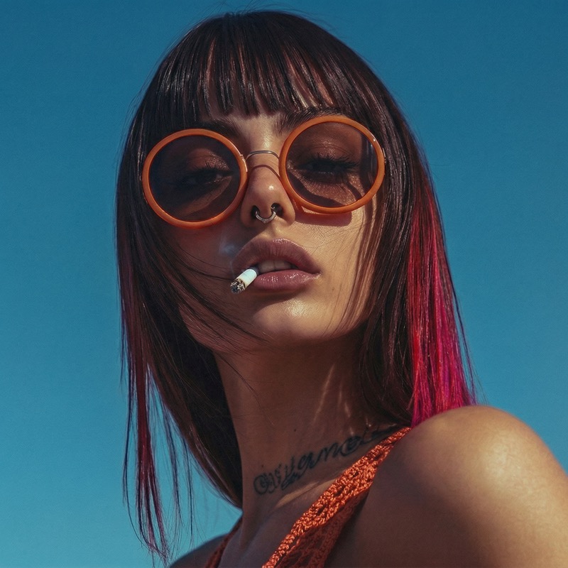 Fashion portrait with orange sunglasses and cigarette