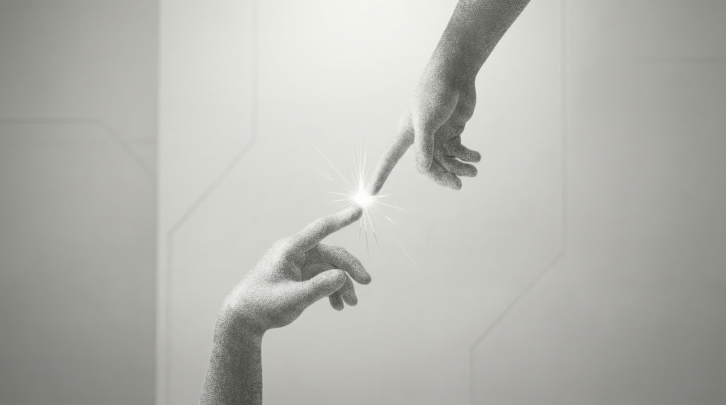 Fingertip touch with glowing spark in grayscale