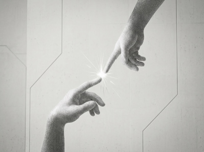 Fingertips touching with glowing spark