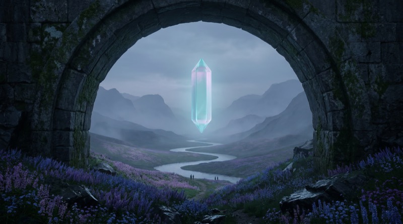 Floating Crystal Over Misty Valley Through Stone Arch