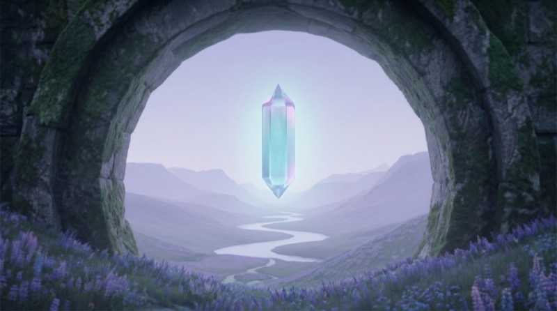 Floating Crystal Portal Over Misty River Valley