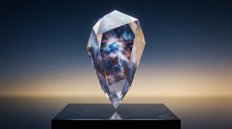 Floating crystal with galaxy core on pedestal