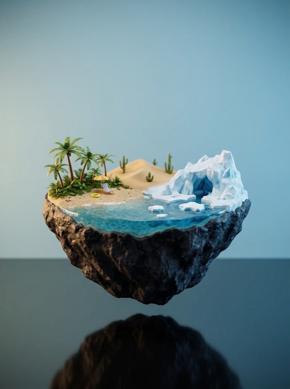 Floating island diorama with beach and ice cave