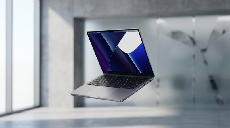 Floating laptop in modern minimalist office