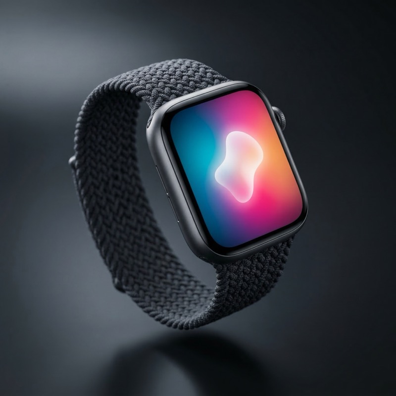 Floating smartwatch with woven band on dark backdrop