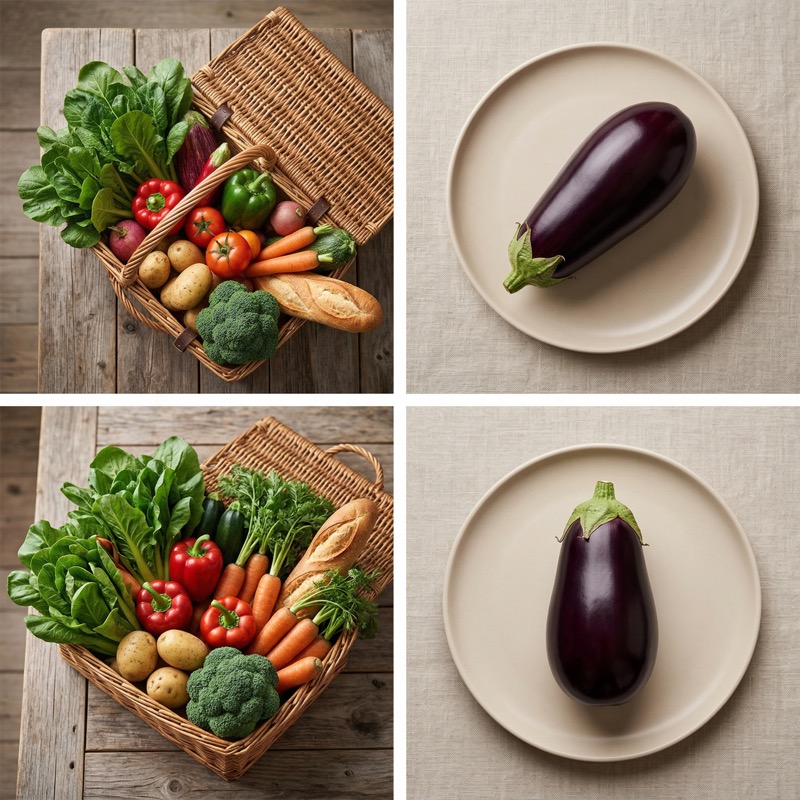 Fresh produce basket and eggplant plate collage