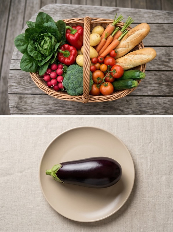 Fresh produce basket and eggplant still life