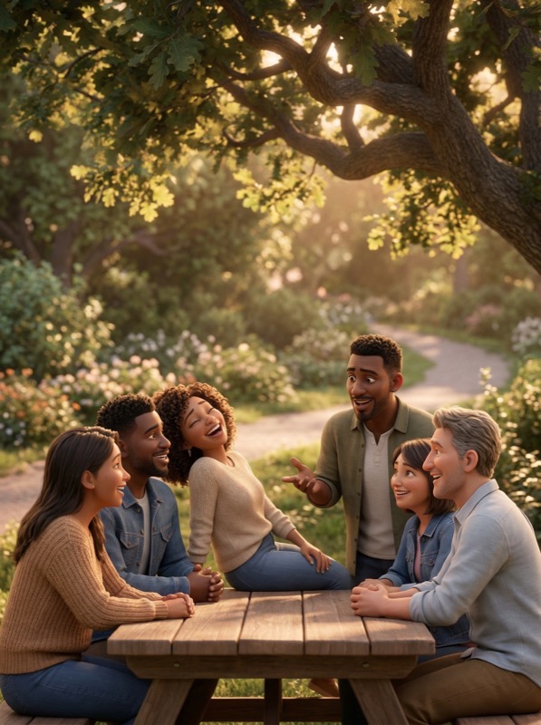 Friends chatting at picnic table in sunny park