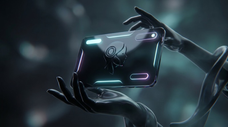 Futuristic AI smartphone held by robotic hands