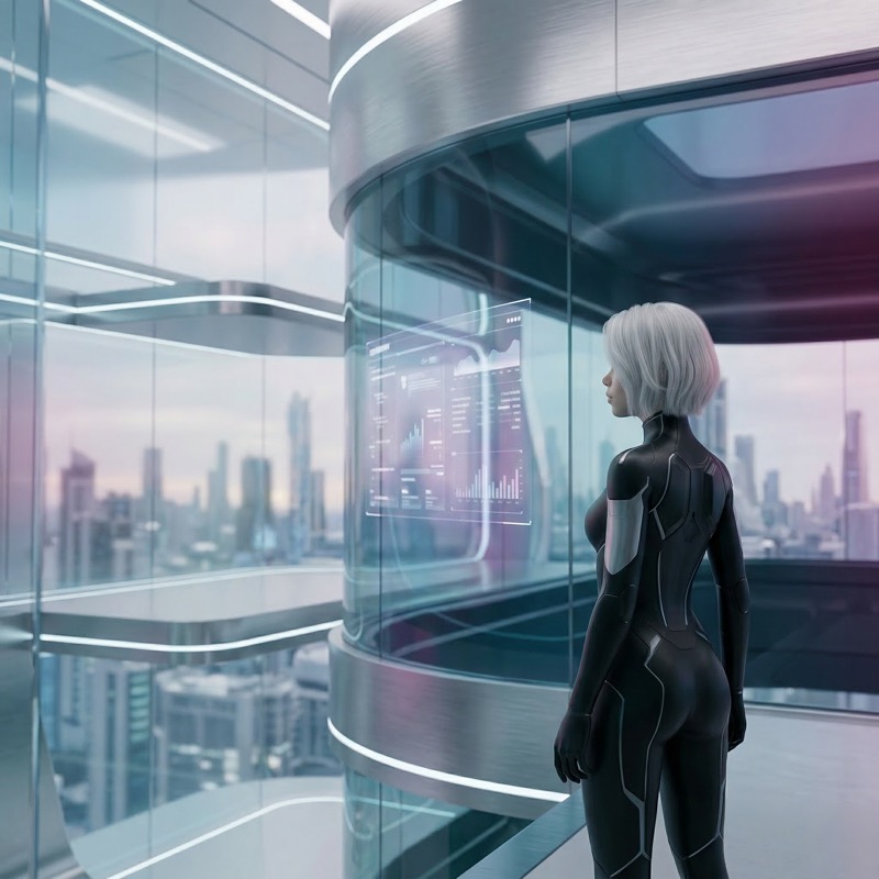 Futuristic analyst viewing holographic dashboard