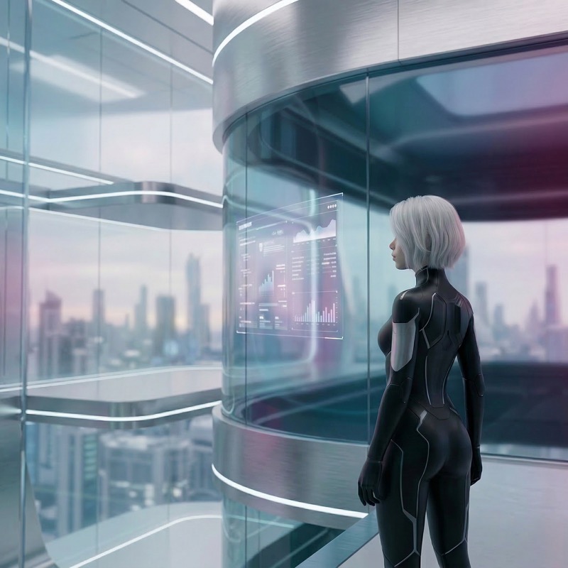 Futuristic analyst viewing holographic dashboard