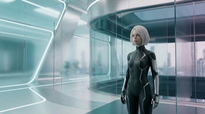 Futuristic android woman in neon glass corridor