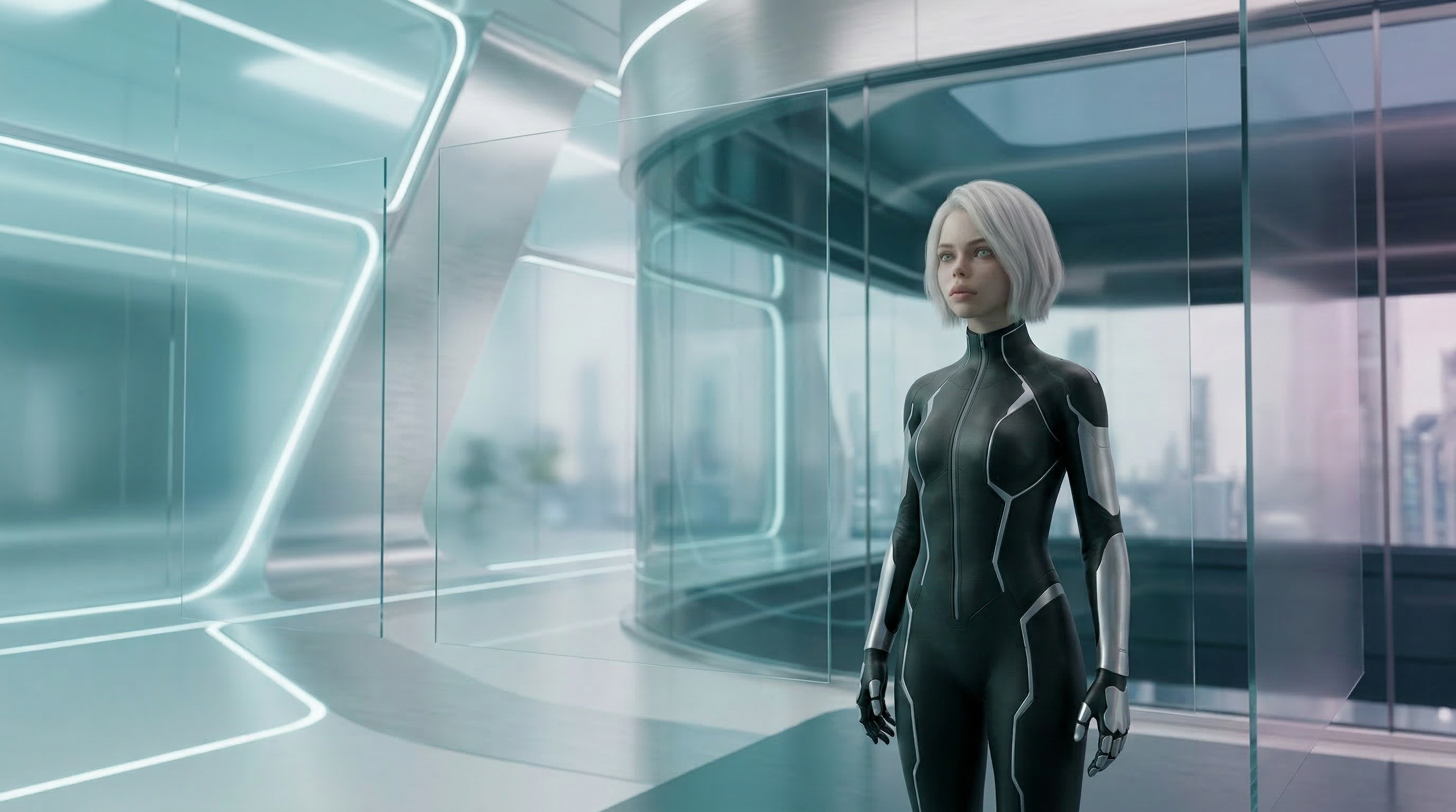 Futuristic android woman in neon glass corridor