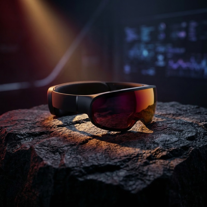 Futuristic AR/VR Headset on Rock Surface
