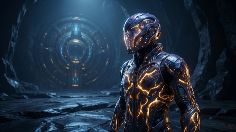 Futuristic armored pilot in sci-fi portal chamber