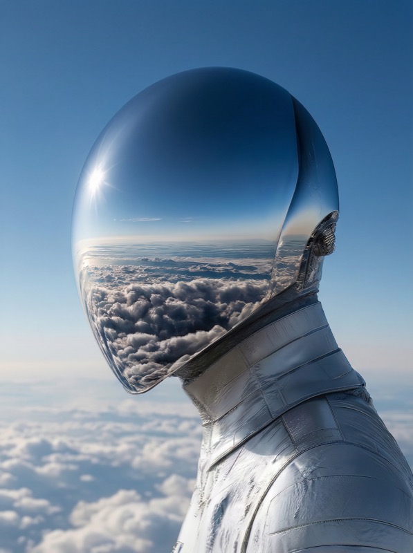 Futuristic astronaut helmet reflecting clouds