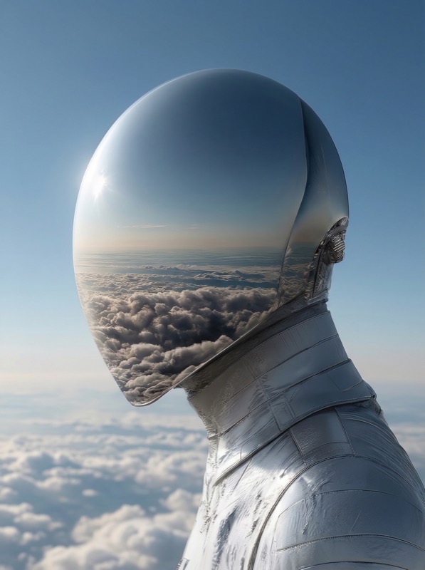 Futuristic astronaut helmet reflecting cloudscape