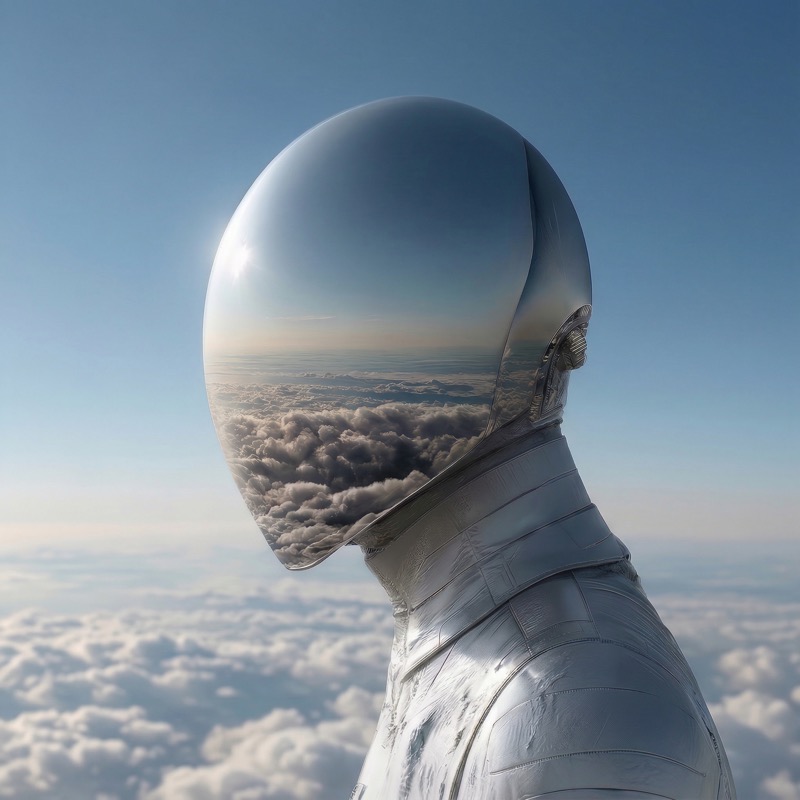 Futuristic astronaut helmet reflecting cloudscape