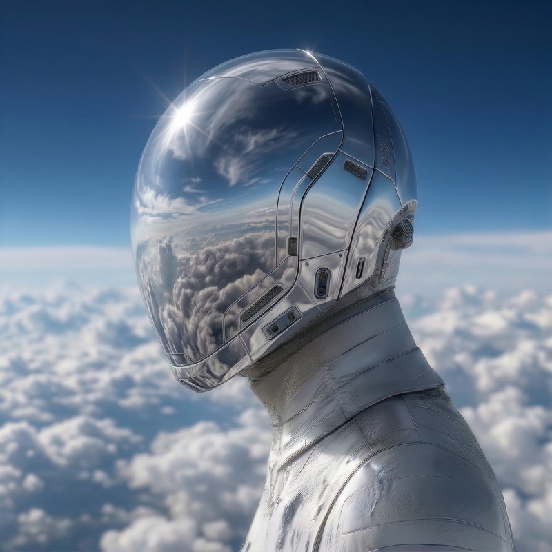 Futuristic Astronaut Helmet Reflecting Clouds 2