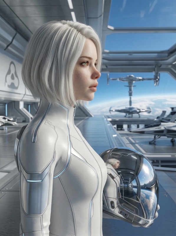 Futuristic astronaut in space station hangar