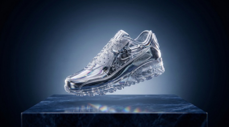 Futuristic chrome sneaker product render on pedestal