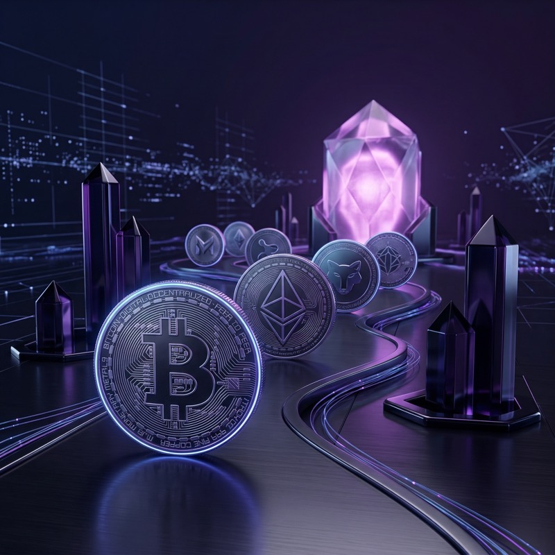 Futuristic Crypto Coins in Neon Tech Landscape