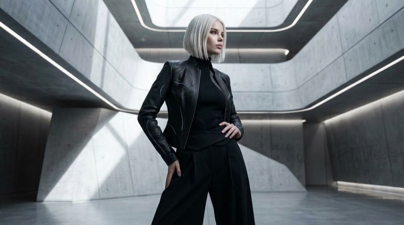 Futuristic Fashion Portrait in Modern Concrete Atrium