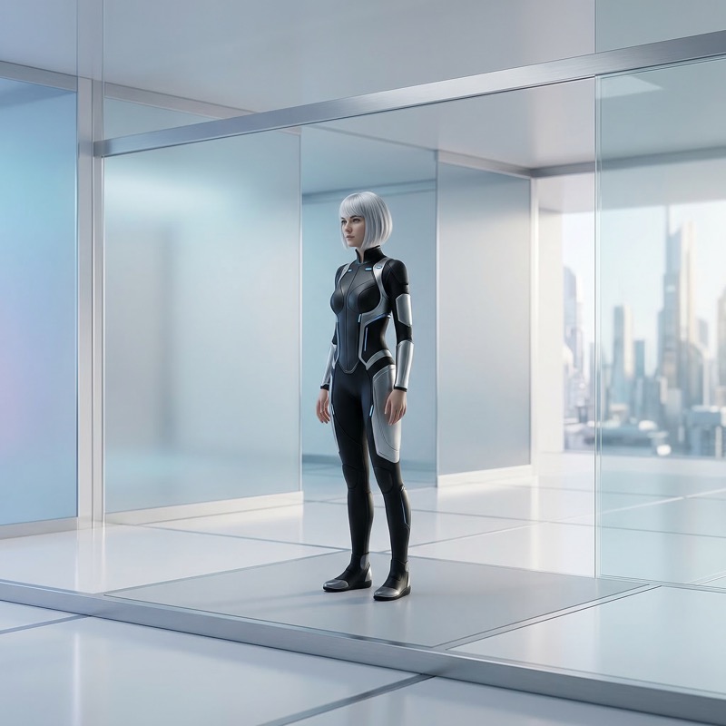 Futuristic female android in glass office