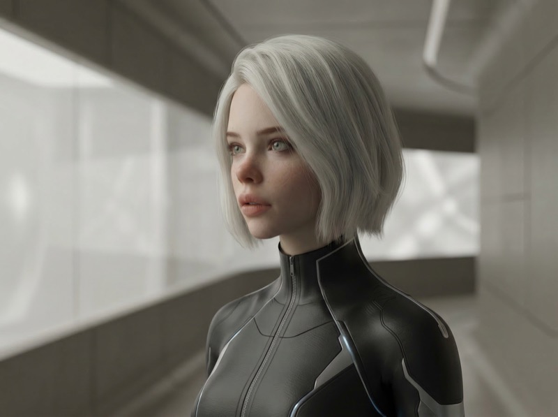 Futuristic Female Android Portrait in Corridor