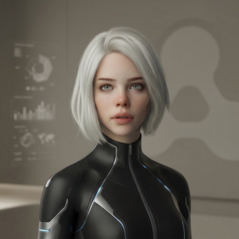 Futuristic female android portrait in lab setting
