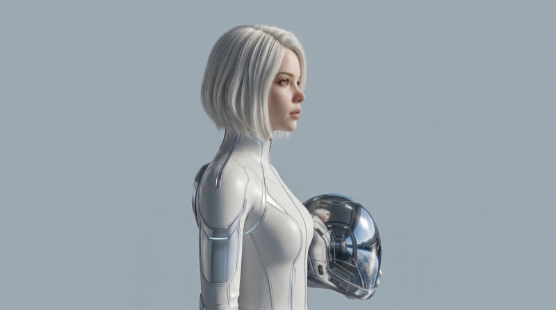 Futuristic female astronaut with helmet, side profile