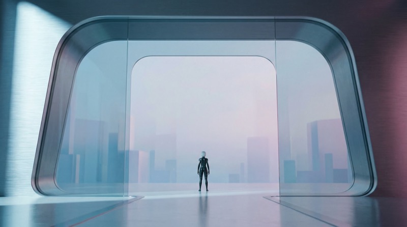 Futuristic Figure in Glass Portal Interior