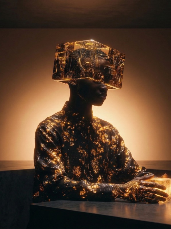 Futuristic figure with glowing VR cube helmet