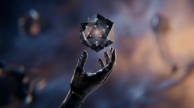 Futuristic Hand Reaching for Floating Crystal