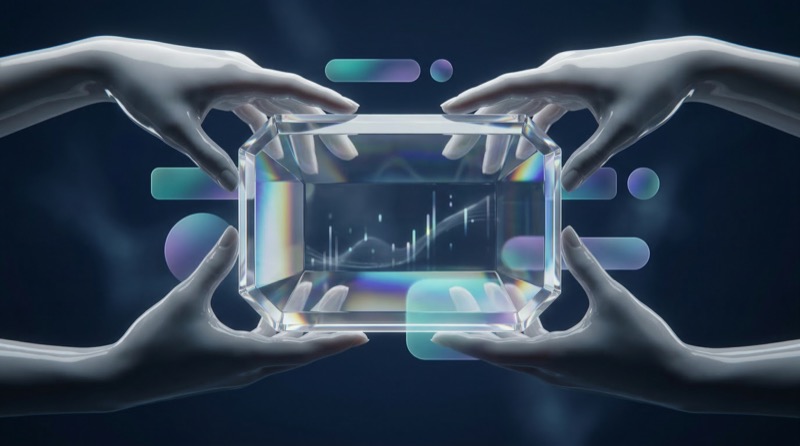 Futuristic hands holding crystal data dashboard