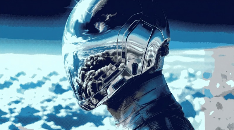 Futuristic Helmeted Figure with Cloud Reflection