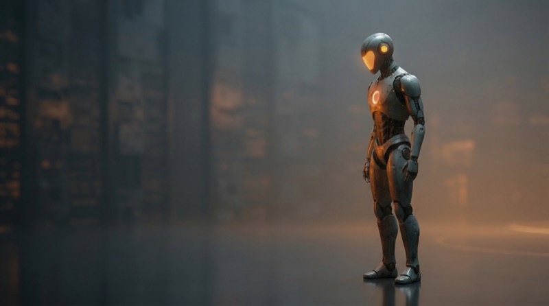 Futuristic humanoid robot in foggy city scene