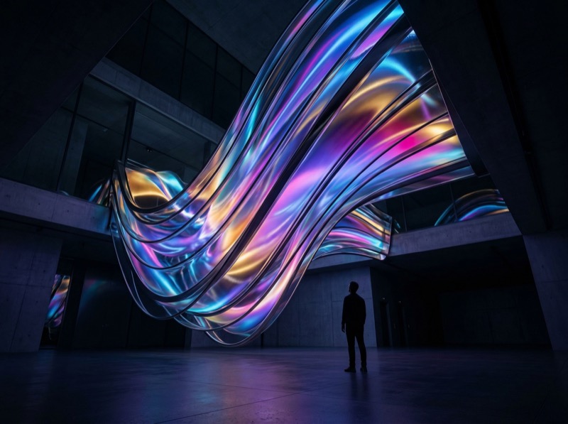 Futuristic Iridescent Light Sculpture in Dark Atrium
