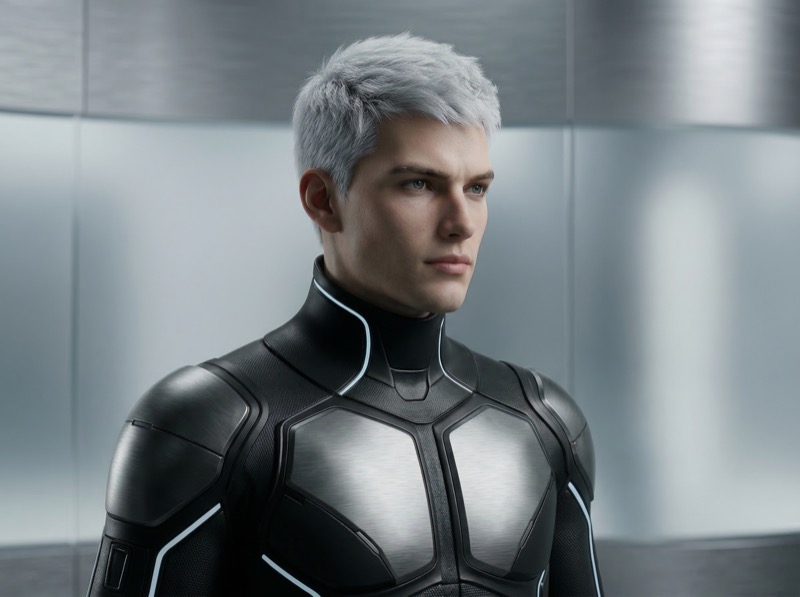 Futuristic male in black armored bodysuit