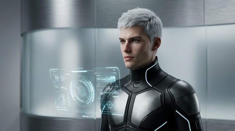 Futuristic male in tech suit with hologram UI