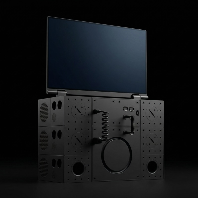 Futuristic Modular Pro Audio Device (stacked Black Metal Modules With Perforated Grilles